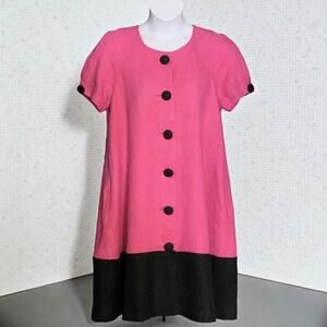 Vintage Christine Jaguin Linen Swing Dress Pink Black Button Front Pockets Sz 12